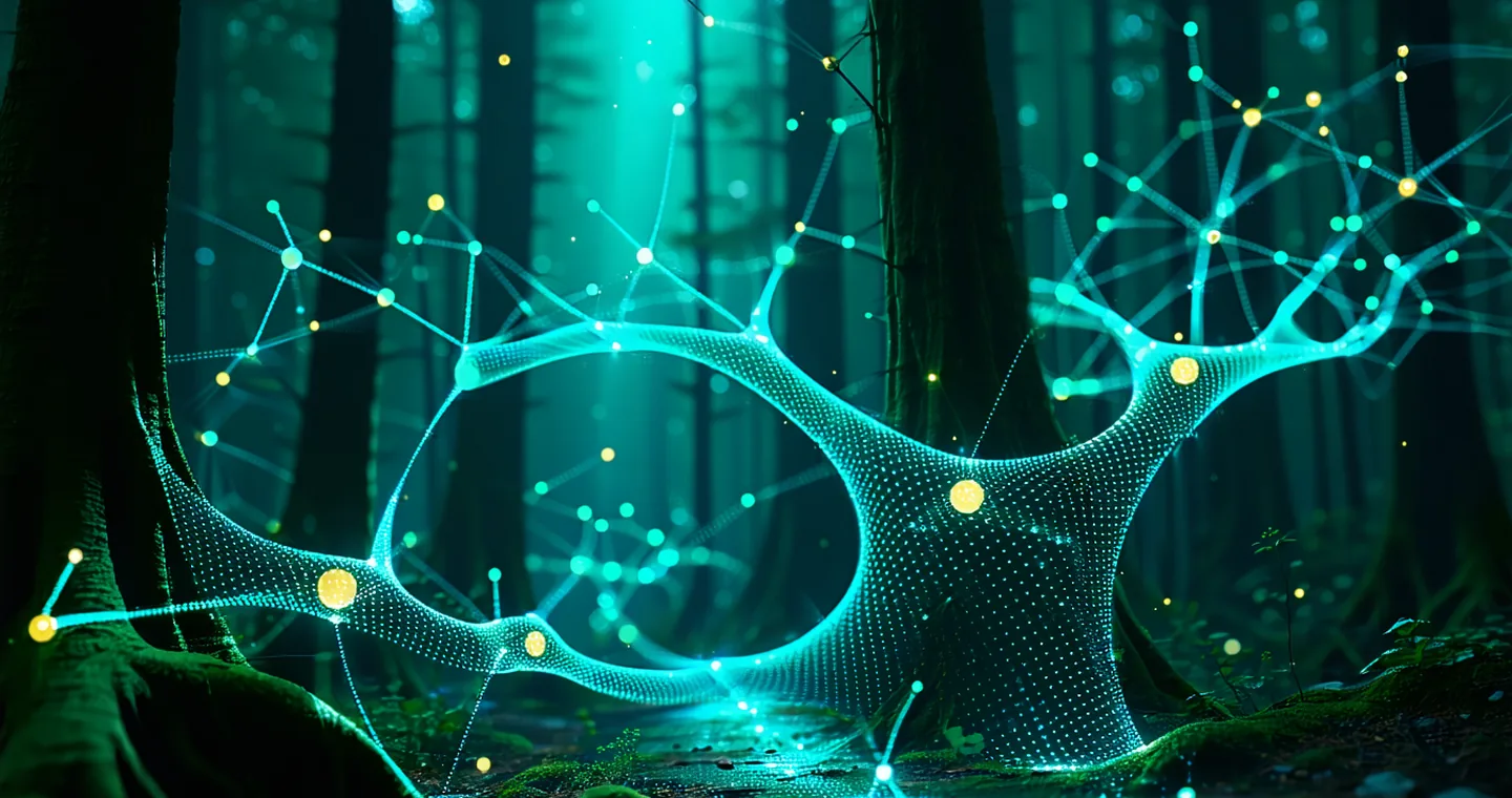 Abstract branching learning-path network with teal nodes and amber highlights on dark background, representing adaptive misconception-aware learning paths