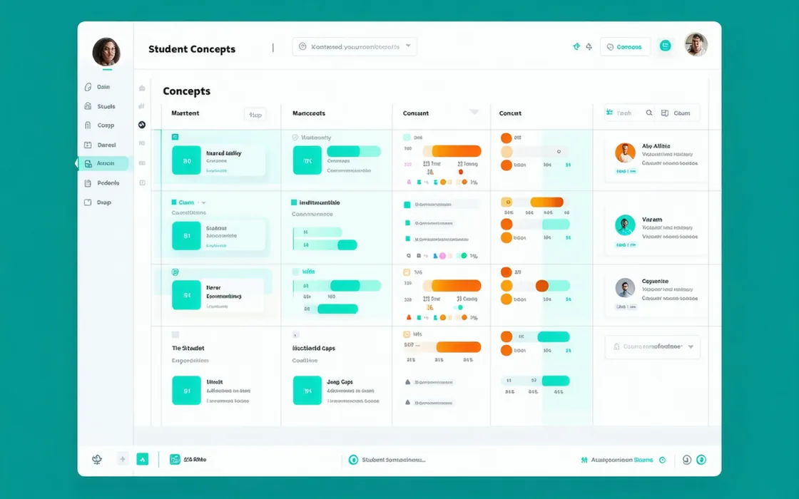 Brainpathio teacher dashboard showing a class misconception heatmap grid with teal cells for mastered concepts and amber cells for identified learning gaps